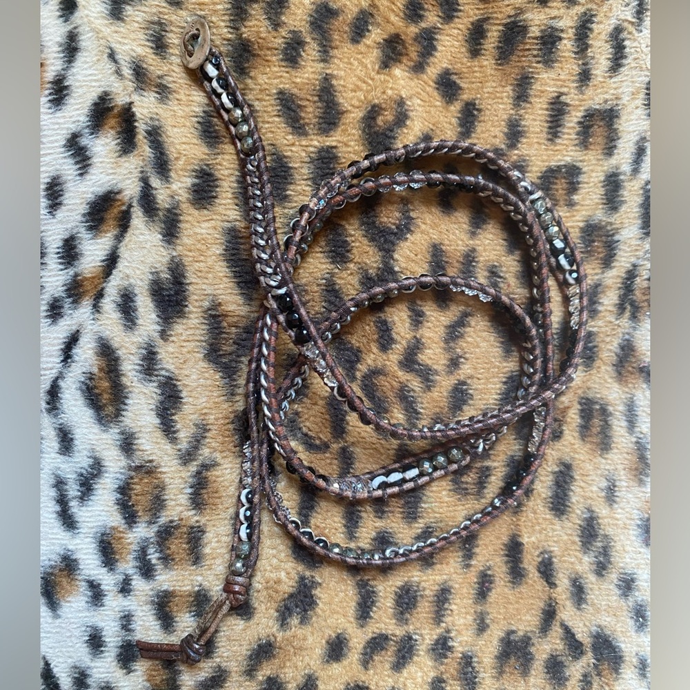 Chan Luu Beaded Brown Wrap Bracelet Necklace black white stones